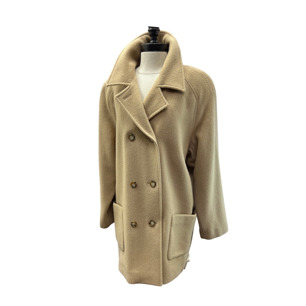 Cassini Wool Pea Coat Women‎ L Tan Excellent Double Breasted Made in USA